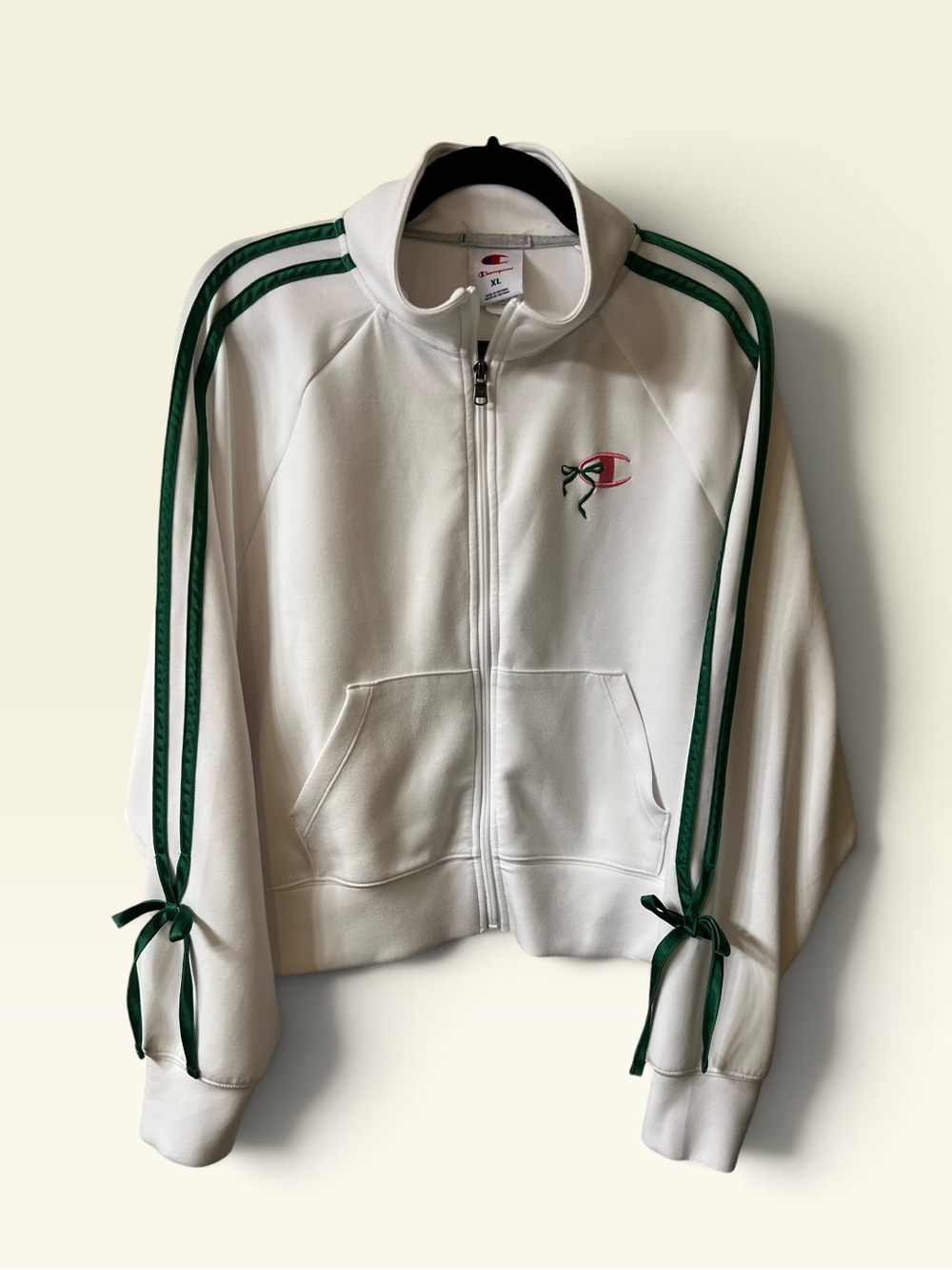 Champion White Zip-Up Bomber Jacket with Green Stripe Accents